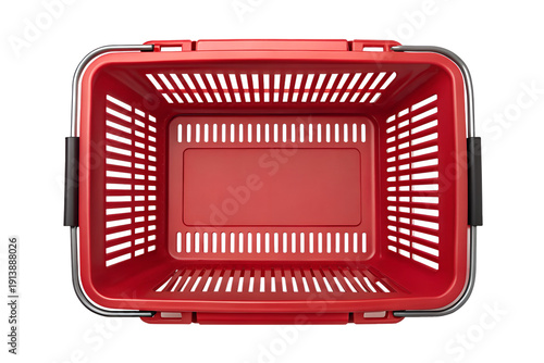 Red shopping basket top view, Empty red supermarket hand basket, Bright red plastic grocery carrier, Vivid red checkout shopping basket, Red retail store basket overhead photo