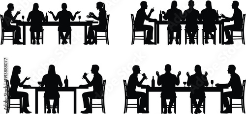 Group dinner conversation silhouettes at table, friends dining drinking wine discussing together isolated on white background illustration