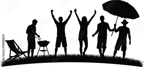 Friends summer barbecue party silhouettes, people grilling and celebrating outdoors isolated on white background illustration