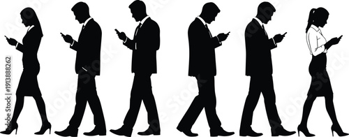 Smartphone walking silhouettes, modern society illustration, mobile device awareness artwork, technology lifestyle design, distracted walking poster, digital dependence collection