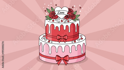 Two-tiered Valentine's Day cake with roses and hearts