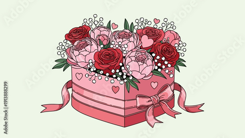 Heart-shaped box filled with red and pink roses, peonies, and decorative berries.