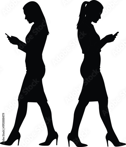 Smartphone walking silhouettes, business attire illustration, mobile device awareness artwork, modern lifestyle design, distracted walking poster, digital dependence collection