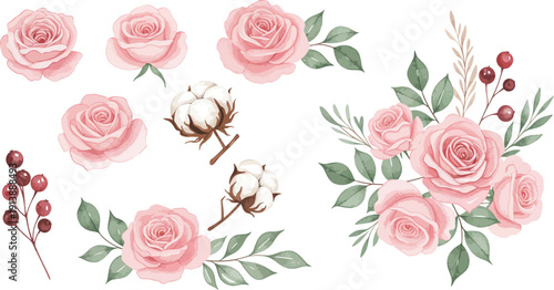 Watercolor illustration of pink roses and floral arrangements on white background