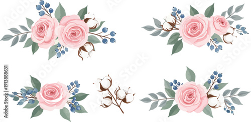 Four pink rose floral arrangements with green leaves and blue flowers on a white background