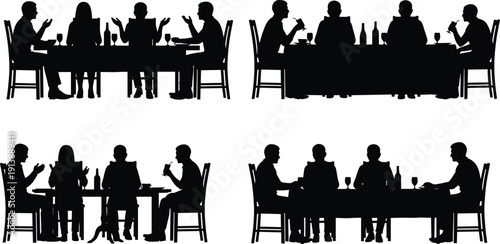 Family dinner silhouette set with people sitting at table eating drinking wine isolated on white background vector collection