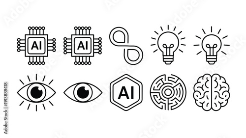 Artificial intelligence and technology icons set including AI chip light bulb brain and eye