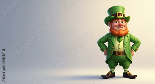 cheerful cartoon leprechaun in vibrant green attire standing proudly against a subtle background with copy space