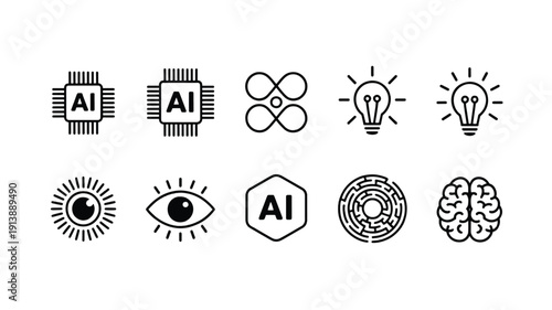 Artificial intelligence technology icons set including brain and light bulb  symbols for innovation and machine learning concepts