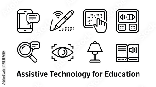 Assistive technology for education icons set with various tools and devices