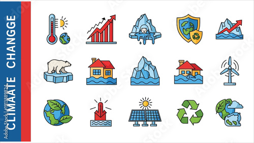 Climate change icon collection. Symbols for renewable energy, environmental protection, pollution, melting glaciers, and eco innovation