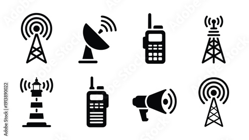 black and white icons of various communication devices and towers on white background
