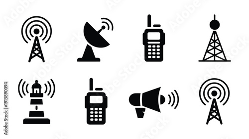 Black icons of various communication devices and towers on white background