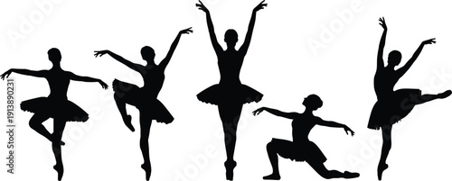 Ballet dancer silhouettes, classical dance illustration, tutu costume artwork, graceful movement design, ballet training awareness, performing arts lifestyle poster