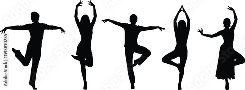 Ballet dancer silhouette set with elegant arabesque and tree pose variations, black vector performers isolated on white background