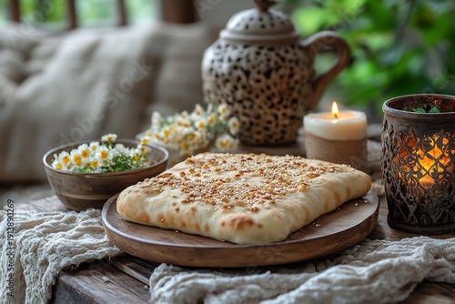 Delicious homemade pizza on wooden plate with tea and salad