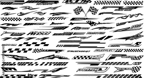 Set of Black and White Car Decals, Racing Stripes, Vinyl Graphics, and Checkered Flags for Vehicle Customization, Sporty Design, and Motorsport Branding