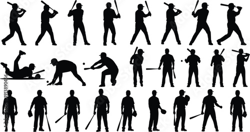 Baseball player silhouette collection, batter pitching fielding and catching poses isolated black vector illustration set on white background