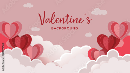 Romantic valentine's day greeting card template with floating hearts and clouds on pink background for love and affection with valentine s day