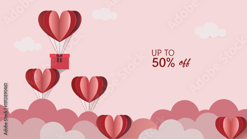Flat vector illustration of heart shaped balloons floating on pink clouds with a gift box on valentine's day sale up to 50 percent off with valentine s day