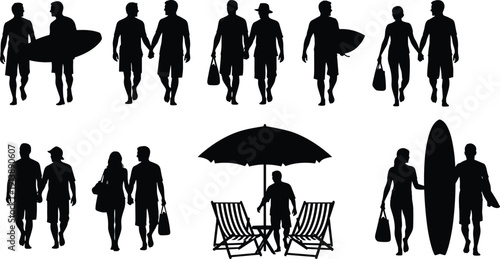 Beach vacation silhouettes, couples and individuals illustration, leisure lifestyle artwork, summer holiday design, tourism awareness poster, beach relaxation collection