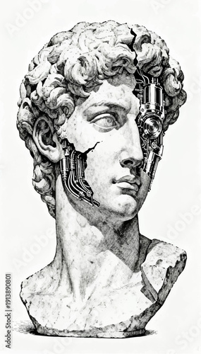 Vector illustration of the head of a stone antique statue with chipped areas through which a cybernetic mechanism can be seen.