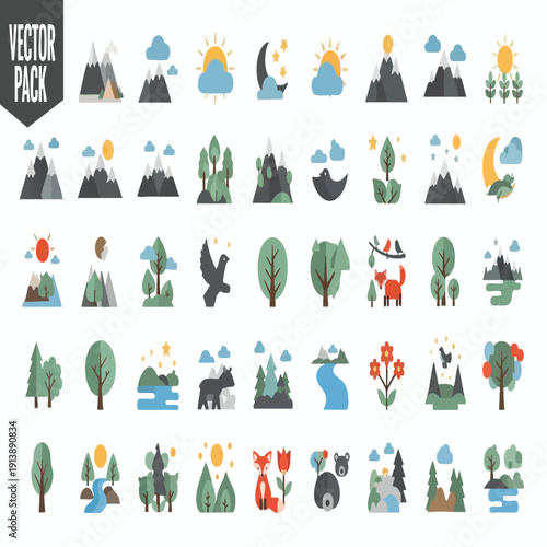 Collection of Diverse Nature and Landscape Icons for Creative Projects