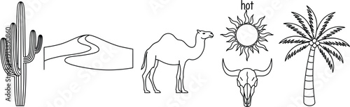 Set of essential desert landscape and hot climate icons rendered in a clean black and white line art style perfect for web app and infographic design