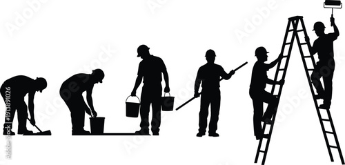 Construction workers painting and cleaning silhouettes, builders with ladder roller and buckets isolated on white background illustration