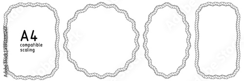 Rope frames. Set of black string braided borders made of brush. Rectangular, A4 compatible, round, oval shapes for decorative marine, western designs. Vector illustration isolated on white background