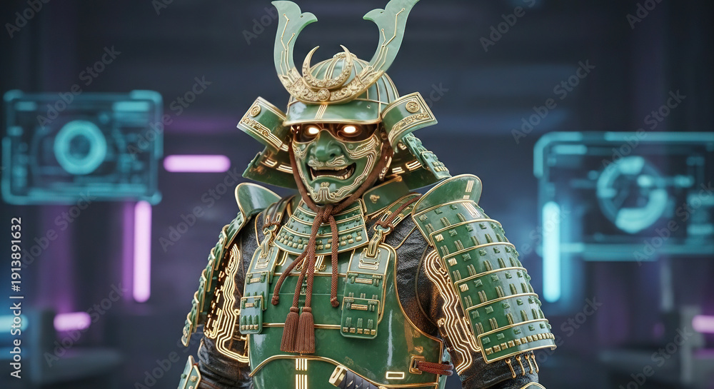 Fototapeta premium Futuristic warrior in high-tech armor with neon background
