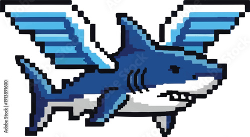 Pixelated blue shark with wings isolated on white background