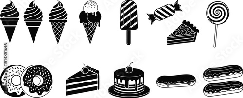 Dessert silhouettes illustration, sweet treats artwork, ice cream and candy design, bakery lifestyle poster, confectionery awareness collection, pastry dessert icons