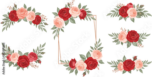 Watercolor floral arrangements in a variety of circular shapes with red and pink roses on white background