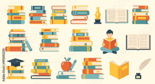 Collection of educational elements including books, a student reading, and symbolic icons for learning and achievement displayed together