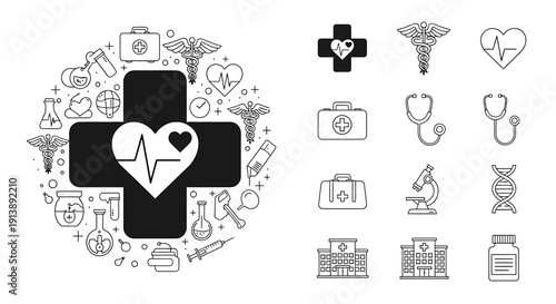 Medical Icons and Symbols Representing Healthcare and Medicine in a Visual Collection