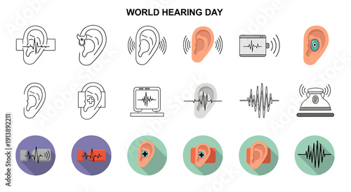 Illustrations for World Hearing Day showcasing hearing and sound-related icons and symbols in a clean and simple design