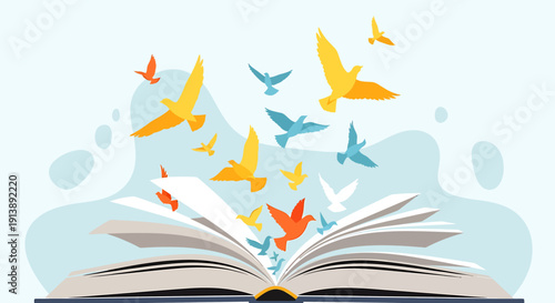 Colorful birds flying out of an open book in a whimsical illustration viewed from above