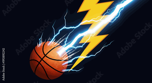 Dynamic basketball illustration with lightning bolt and electric sparks on dark background
