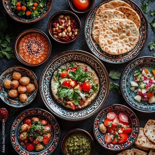 Middle Eastern Food Spread with Hummus Falafel and Pita Bread