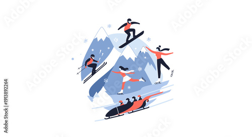 Skiers and snowboarders in action on a snowy mountain slope with a snowmobile nearby from an aerial viewpoint