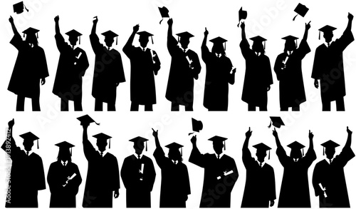 Graduation, students, silhouettes, celebrating, university, college, cap, gown, diploma, success, achievement, ceremony, group, education, isolated, black, white, background, future, happiness.