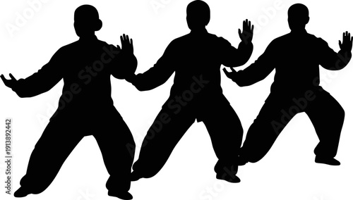 Tai, chi, chuan, martial, arts, silhouettes, group, exercise, healthy, lifestyle, meditation, motion, chinese, traditional, fitness, energy, isolated, black, white, background.