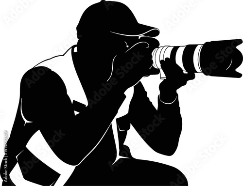 Professional photographer silhouette kneeling with digital camera and zoom lens, paparazzi taking photos, press reporter capturing images vector illustration on white background.