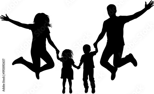 Happy jumping family silhouette with father mother son and daughter holding hands, cheerful parents and children playing together vector illustration.
