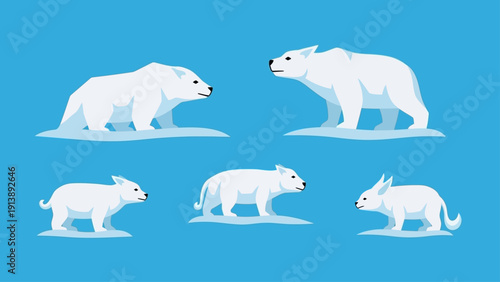 Minimalist illustration of arctic animals including polar bears and foxes.