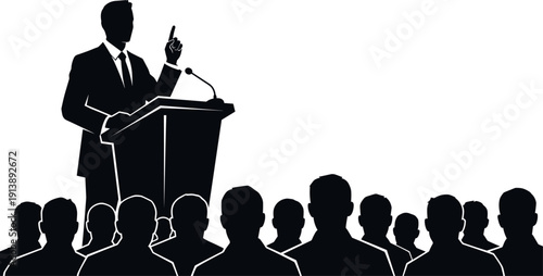 Businessman giving speech at podium in front of audience silhouette, public speaker presenting at conference seminar or political event vector,