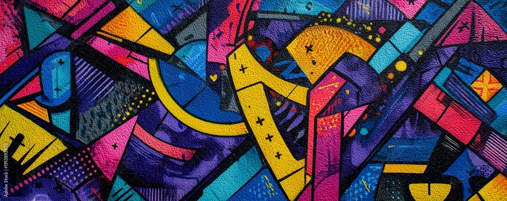 Obraz premium Dynamic abstract graffiti wall texture with vibrant geometric shapes of purple, yellow and neon pink, concept for digital marketing assets, street art events and graphic design backgrounds