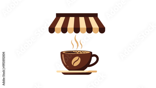 Charming coffee shop icon displays a dark cup of hot coffee on a saucer under a striped brown awning for cafe branding.