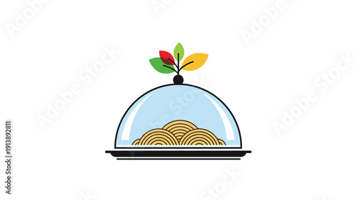 Gourmet healthy meal presentation shows a cloche cover over a pasta dish topped with vibrant colored leaves for culinary excellence.